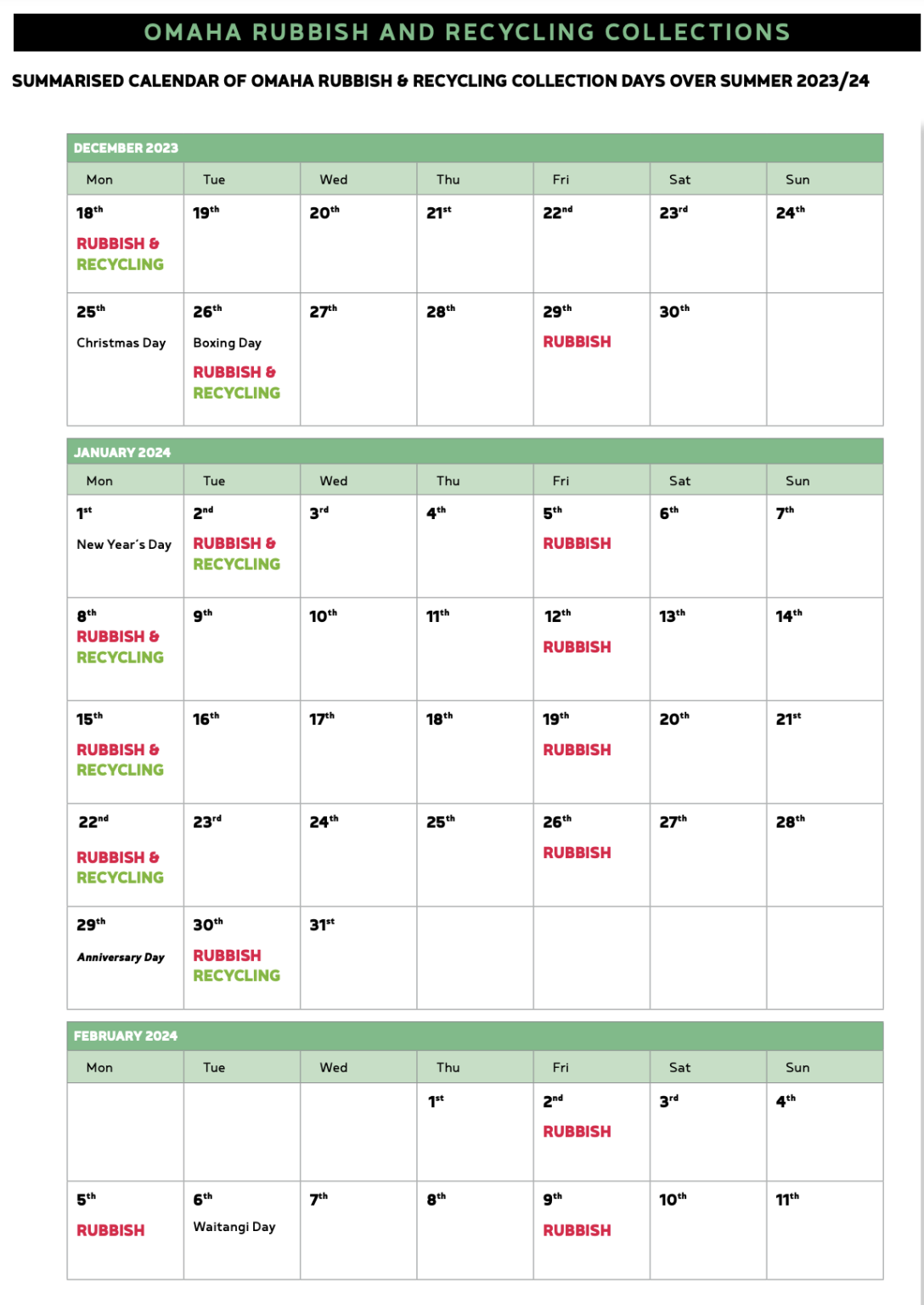 Summer Schedule for Rubbish and Recycling Collections Omaha Beach